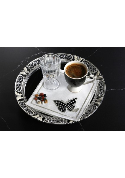 Caka Home 6 Li Kokteyl Peçete Damalı Kelebek Nakışlı Keten Efektli