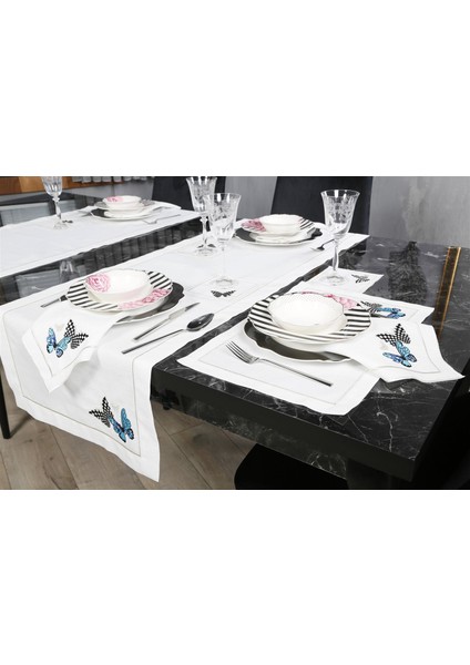 Caka Home 6 Li Kokteyl Peçete Damalı Kelebek Nakışlı Keten Efektli fırsatları