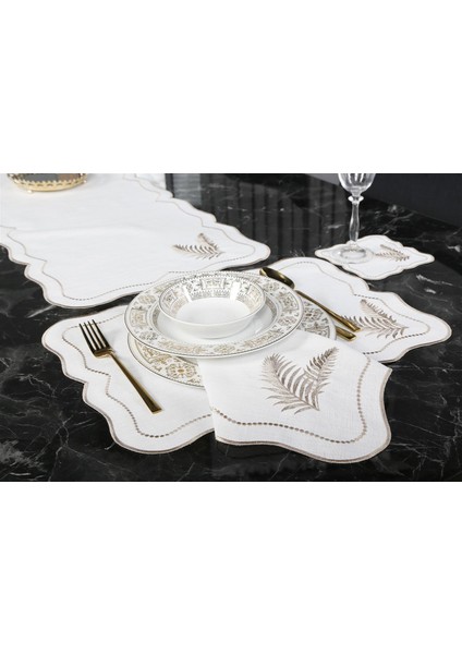 Caka Home 2 Li Peçete Yaprak Nakışlı Keten Efektli