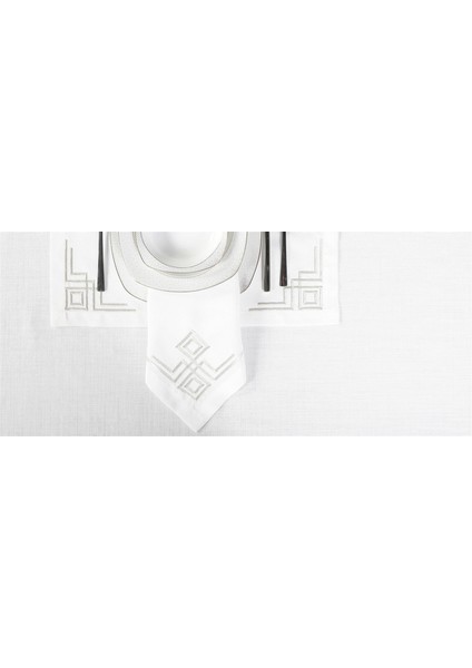Caka Home 2 Li Peçete Geometrik Çift Kare Nakışlı Keten Efektli