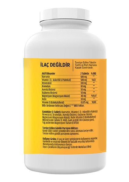 Quercetin Complex Kuersetin Ester C Vitamin D Aserola Rutin Resveratrol Magnezyum Bromelain 180 Tablet x 2 Kutu