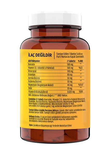 Quercetin Complex Kuarcetin Ester C Bromelain Vitamin D Rutin Resveratrol Magnezyum Aserola 60 Tablet X 2 Kutu