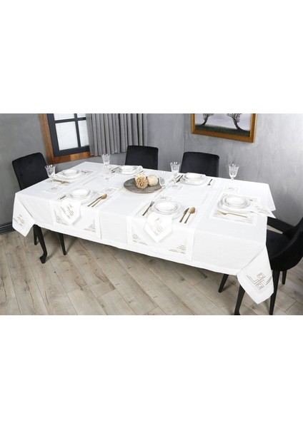Caka Home 16 Parça Masa Seti Geometrik Çift Kare Nakışlı Keten Efektli