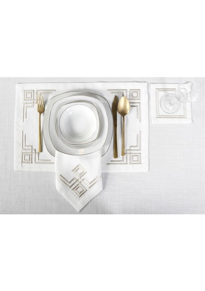 Caka Home 16 Parça Masa Seti Geometrik Çift Kare Nakışlı Keten Efektli modelleri