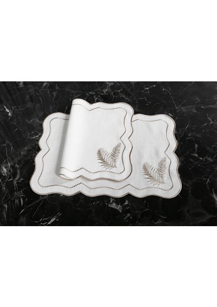 Caka Home 2 Li Amerikan Servisi Yaprak Nakışlı Keten Efektli