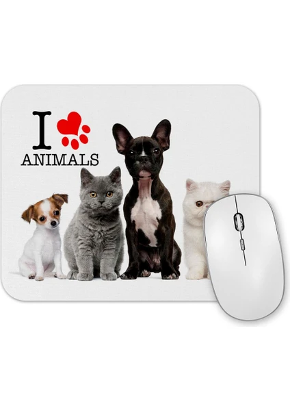 Baskı Dükkanı I Love Animals  Kedi Köpek Cat Dog Pet Hayvan Mouse Pad