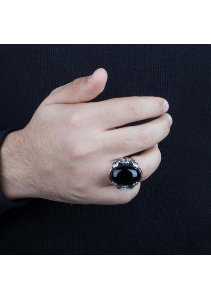 Gümüş Siyah Oniks Taşlı Kelime-I Tevhid Işlemeli Kılıç Model Erkek Yüzük fiyatları