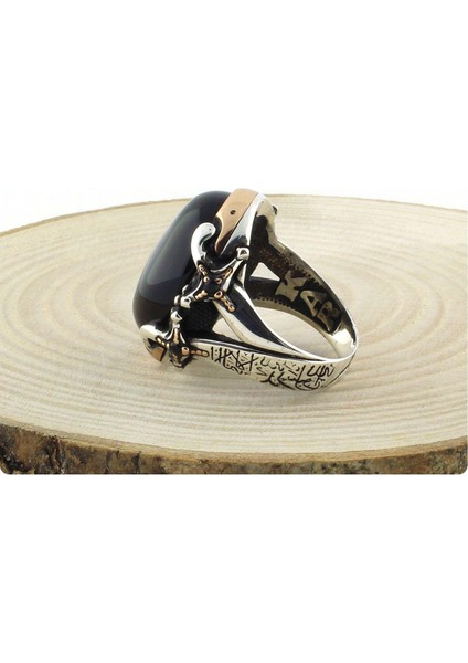 Gümüş Siyah Oniks Taşlı Kelime-I Tevhid Işlemeli Kılıç Model Erkek Yüzük fırsatları