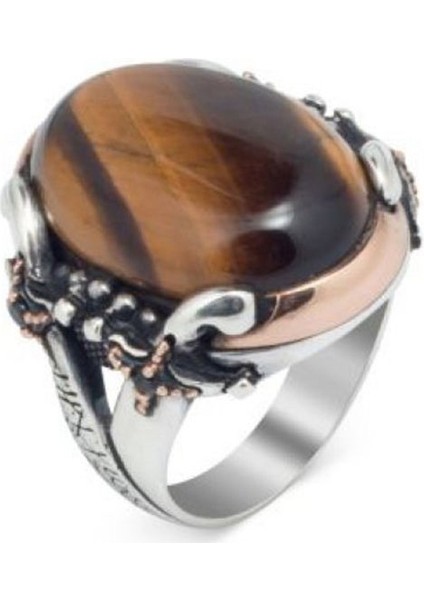 Kaplan Gözü Taşlı Kelime-I Tevhid Işlemeli Kılıç Model Gümüş Erkek Yüzük fiyatları