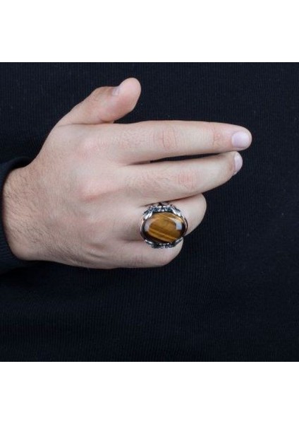 Kaplan Gözü Taşlı Kelime-I Tevhid Işlemeli Kılıç Model Gümüş Erkek Yüzük fırsatları