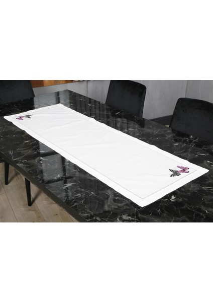 Caka Home Runner Damalı Kelebek Nakışlı Keten Efektli