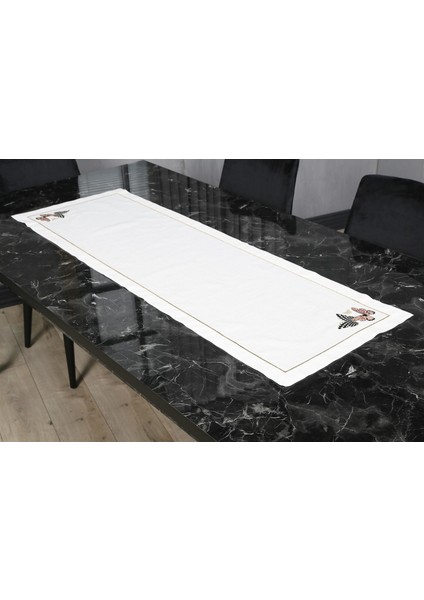 Caka Home Runner Damalı Kelebek Nakışlı Keten Efektli