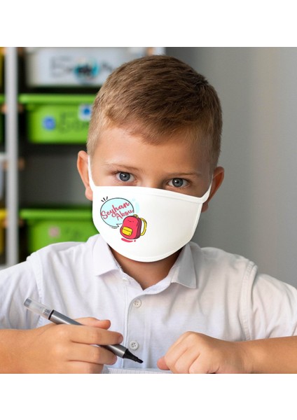 Çocuklara Özel Isimli 10 Adet Yıkanabilir Beyaz Okul Maskesi-10