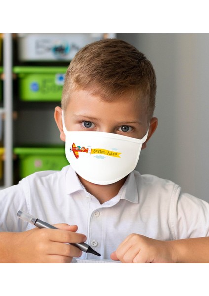 Çocuklara Özel Isimli 10 Adet Yıkanabilir Beyaz Okul Maskesi-4