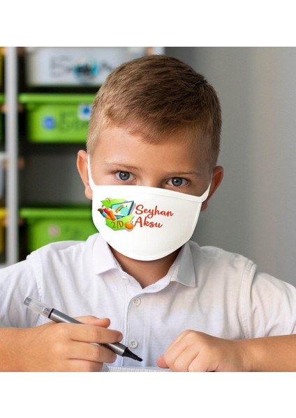 Çocuklara Özel Isimli Sınıflı 10 Adet Yıkanabilir Beyaz Okul Maskesi-2