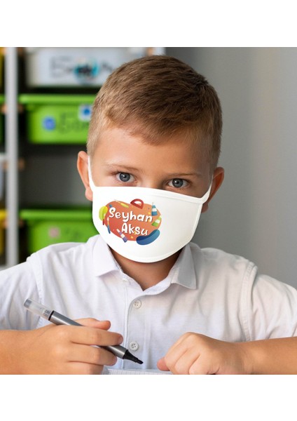 Çocuklara Özel Isimli 10 Adet Yıkanabilir Beyaz Okul Maskesi-17