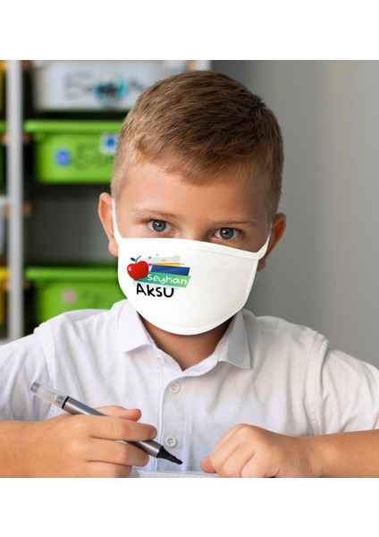 Çocuklara Özel Isimli 10 Adet Yıkanabilir Beyaz Okul Maskesi-14