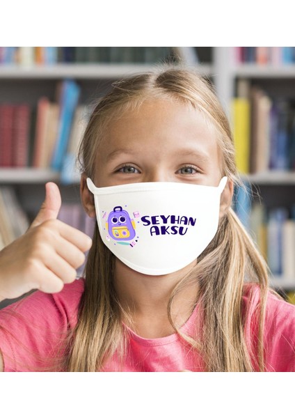 Çocuklara Özel Isimli 10 Adet Yıkanabilir Beyaz Okul Maskesi-12