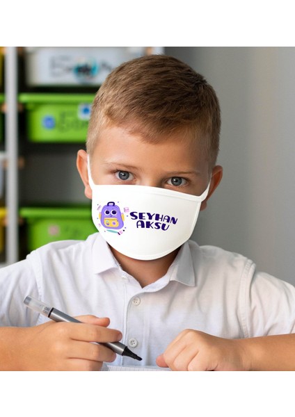 Çocuklara Özel Isimli 10 Adet Yıkanabilir Beyaz Okul Maskesi-12