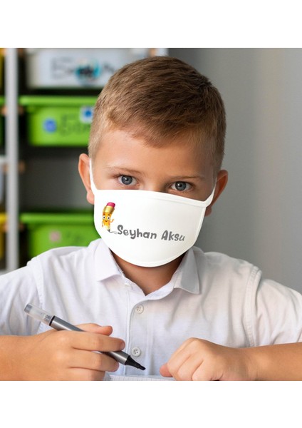 Çocuklara Özel Isimli 10 Adet Yıkanabilir Beyaz Okul Maskesi-2