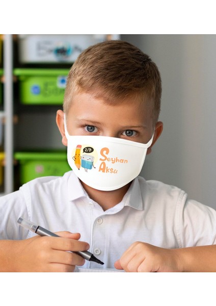 Çocuklara Özel Isimli Sınıflı 10 Adet Yıkanabilir Beyaz Okul Maskesi-4