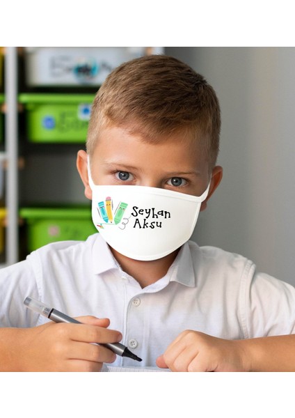 Çocuklara Özel Isimli Yıkanabilir Beyaz Okul Maskesi-15