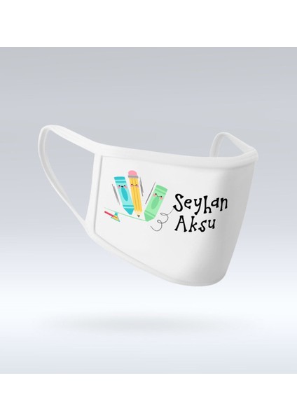 Çocuklara Özel Isimli Yıkanabilir Beyaz Okul Maskesi-15