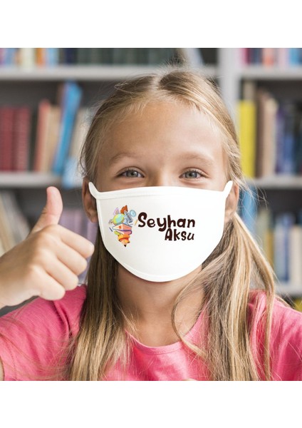 Çocuklara Özel Isimli Yıkanabilir Beyaz Okul Maskesi-6
