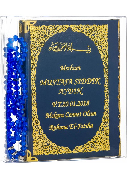 50 Adet - Isim Baskılı Ciltli Yasin Kitabı - Çanta Boy - 128 Sayfa - Tesbihli - Şeffaf Kutulu - Lacivert Renk - Dini Hediyelik Set