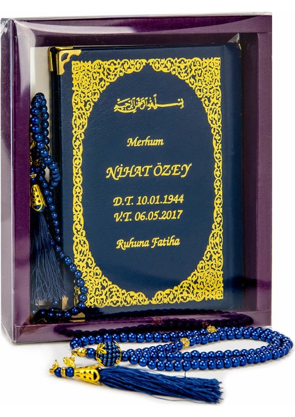 50 Adet - Isim Baskılı Ciltli Yasin Kitabı - Çanta Boy - 128 Sayfa - Kutulu - Vavlı Inci Tesbih - Lacivert Renk - Hediyelik Set
