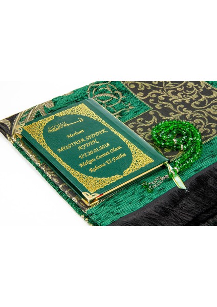 50 Adet - Isim Baskılı Ciltli Yasin Kitabı - Seccadeli - Tesbihli - Kutulu - Yeşil - Mevlit Hediye Seti