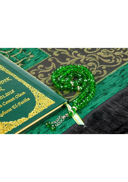 50 Adet - Isim Baskılı Ciltli Yasin Kitabı - Seccadeli - Tesbihli - Kutulu - Yeşil - Mevlit Hediye Seti