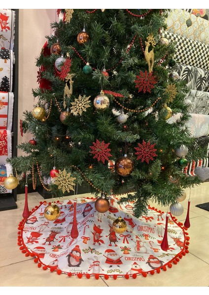 Tuğçe Demir Home Desıgn Beyaz Noel Baba Ponpon Kenar Çam Ağacı Ayak Örtüsü