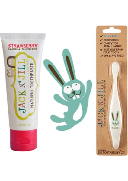 Jack N'Jill Çocuklar Için Tamamen Doğal Organik Çilek Aromalı Diş Macunu 50g + Bunny Diş Fırçası