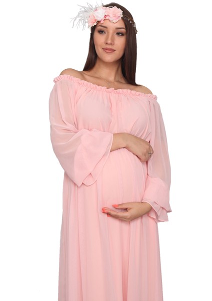 Babyshower Dökümlü Pudra Hamile Elbisesi
