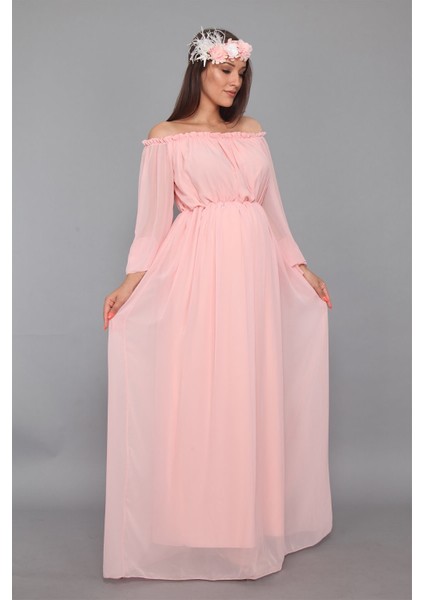 Babyshower Dökümlü Pudra Hamile Elbisesi
