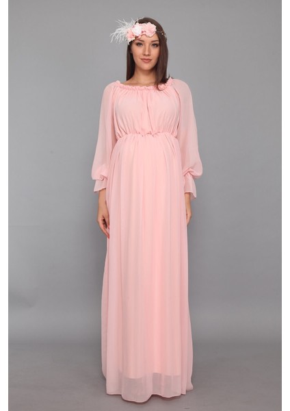 Babyshower Dökümlü Pudra Hamile Elbisesi