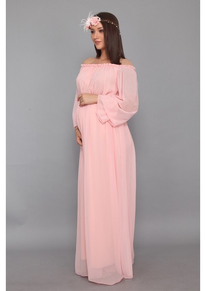Babyshower Dökümlü Pudra Hamile Elbisesi