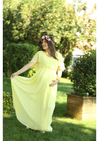 Babyshower Melek Kol Sarı Hamile Elbisesi