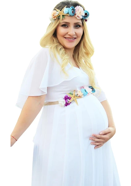 Moda Labio Babyshower Melek Kol Beyaz Hamile Elbisesi