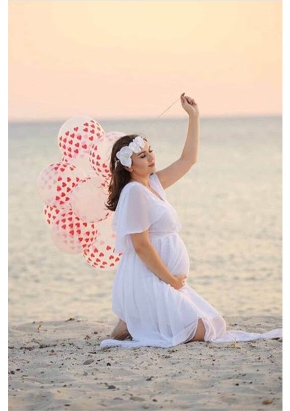 Moda Labio Babyshower Melek Kol Beyaz Hamile Elbisesi