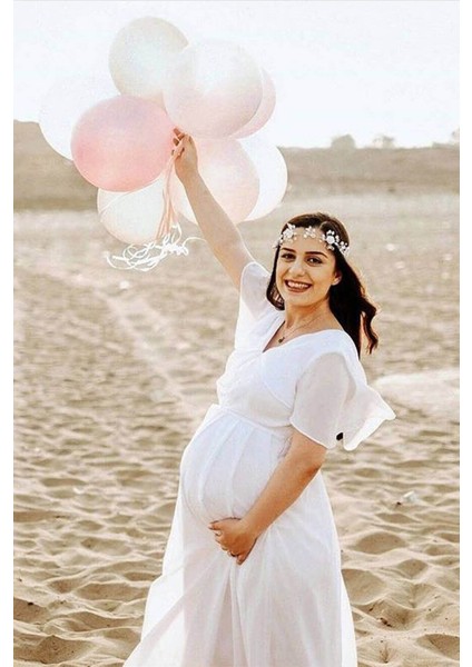 Moda Labio Babyshower Melek Kol Beyaz Hamile Elbisesi