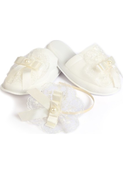 Güpürlü Inci Fiyonklu lohusa Kadife Terlik ve Tacı