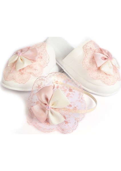 Güpürlü Boncuklu Fiyonk Lohusa Kadife Terlik ve Tacı