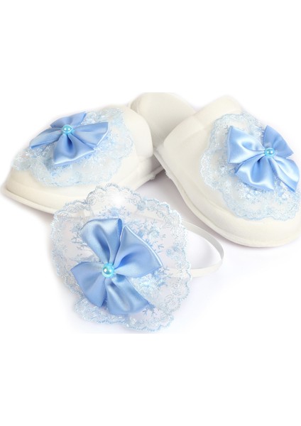 Güpürlü Mavi Boncuklu Lohusa Kadife Terlik ve Tacı