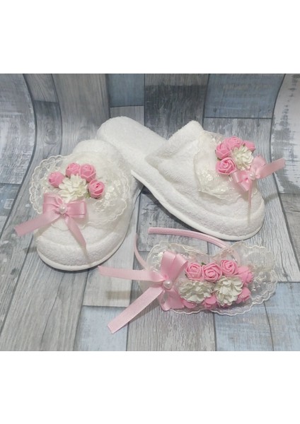 Lohusa Tacı ve Lohusa Terliği Güpürlü Pembe