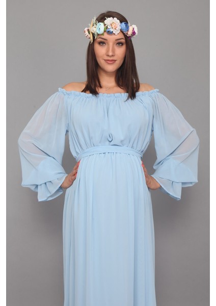 Babyshower Dökümlü Bebe Mavi Hamile Elbisesi modelleri
