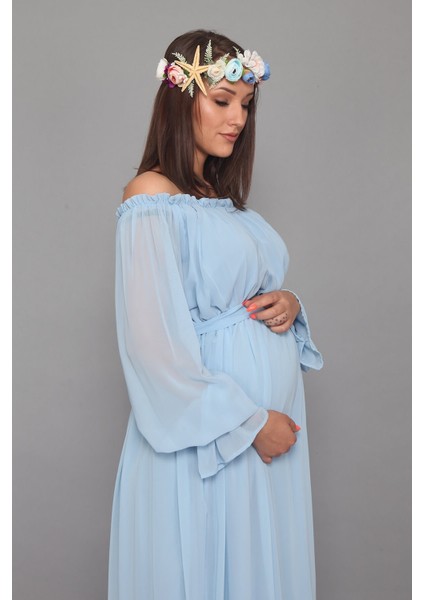 Babyshower Dökümlü Bebe Mavi Hamile Elbisesi fırsatları