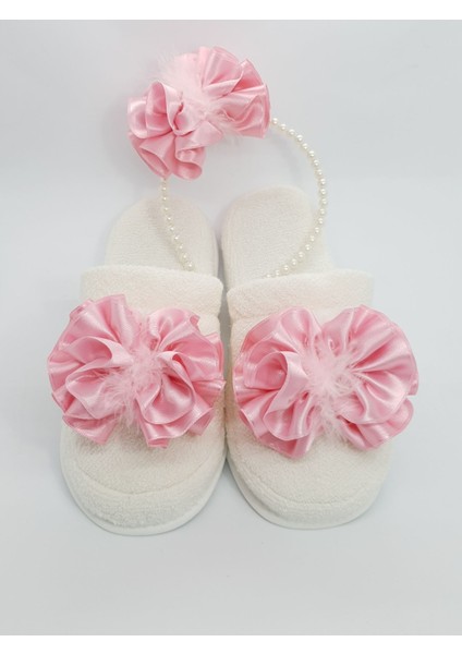 023PE - 2 'li Lohusa Seti Lohusa Terlik ve Incili Taç Pembe