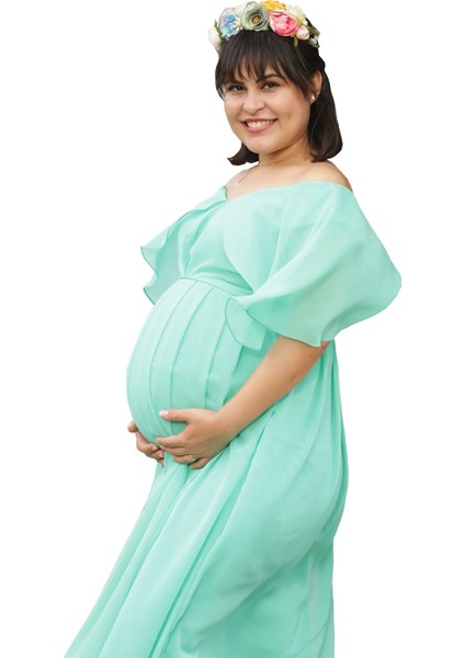 Babyshower Melek Kol Mint Yeşil Hamile Elbisesi